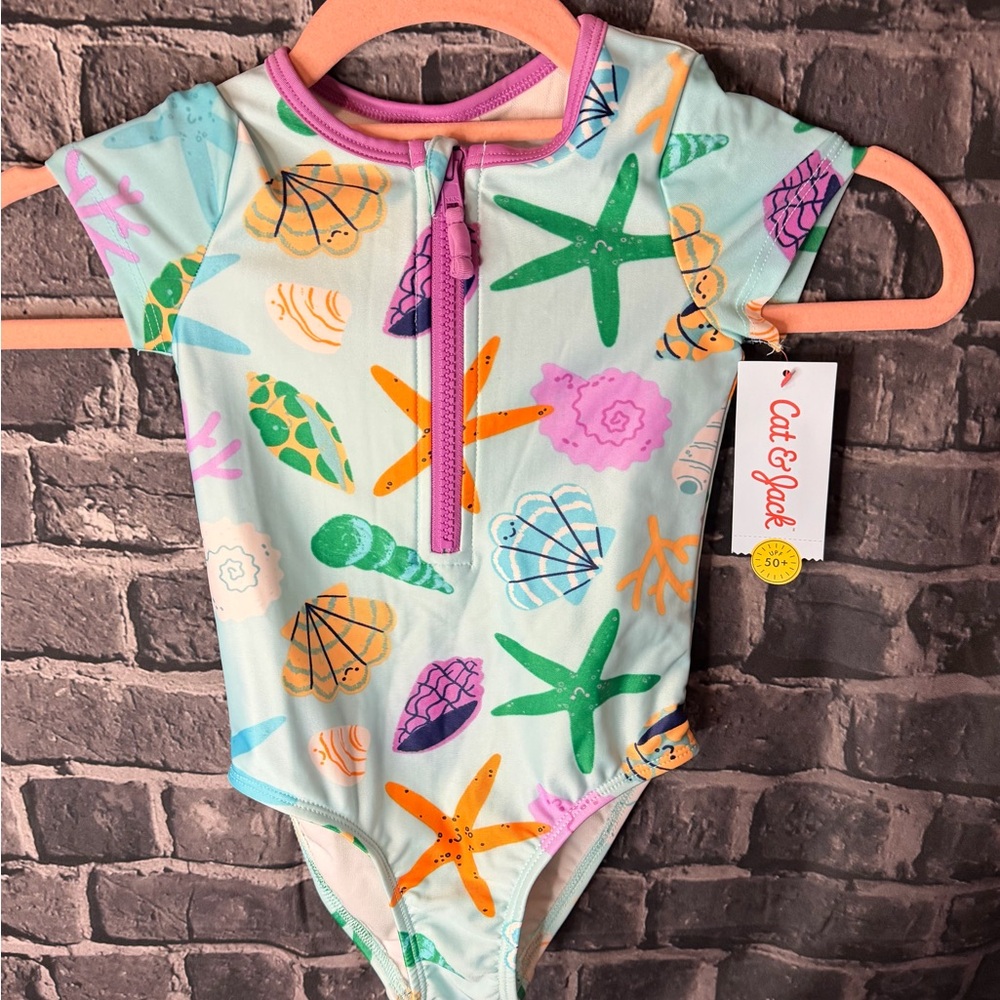 Cat & Jack Kids One Piece Swimsuit - Aqua with Sea Life Print